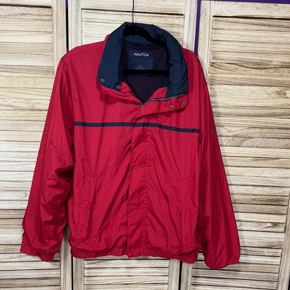 Nautica Men's Red Windbreaker Hood Attached Jacket Size L